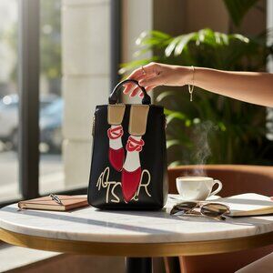 Cute Handbag Purse Black Ballet Shoes Top Handle Novelty Zipper Faux Leather